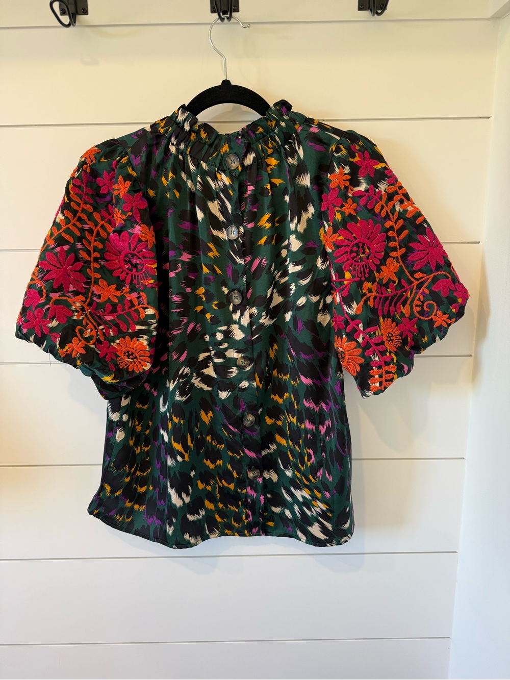 THML Hunter Green Print Mock Frill Neck Embroidered Sleeve Top - Picture 4 of 12